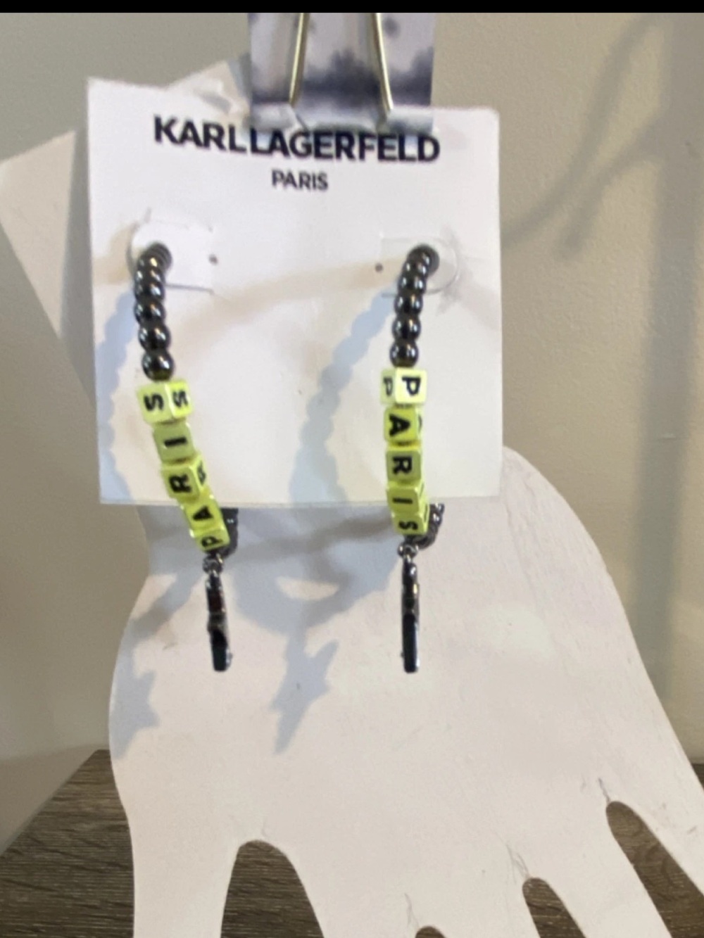 Karl Lagerfeld NEW Gunmetal & Yellow 'PARIS' Beaded & Star Hoop Earrings 2.25”